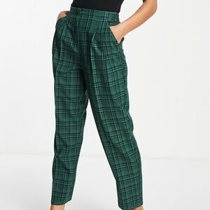 ASOS Plaid Slouchy Mom Pants Trousers Pleated Green 6 Tall